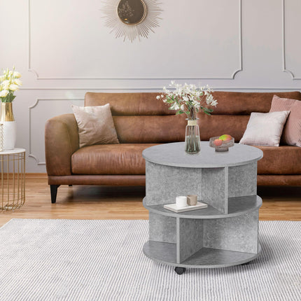 2 Tier Round Side End Table with Divided Shelves and Wheels - Cement