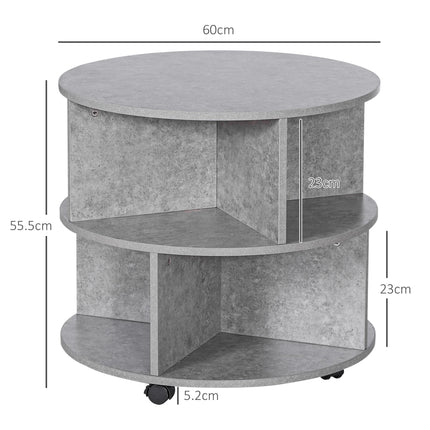 2 Tier Round Side End Table with Divided Shelves and Wheels - Cement