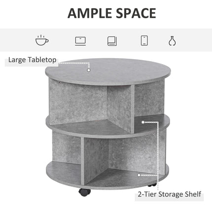 2 Tier Round Side End Table with Divided Shelves and Wheels - Cement