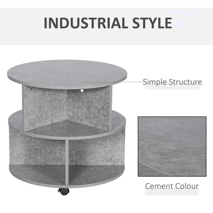 2 Tier Round Side End Table with Divided Shelves and Wheels - Cement