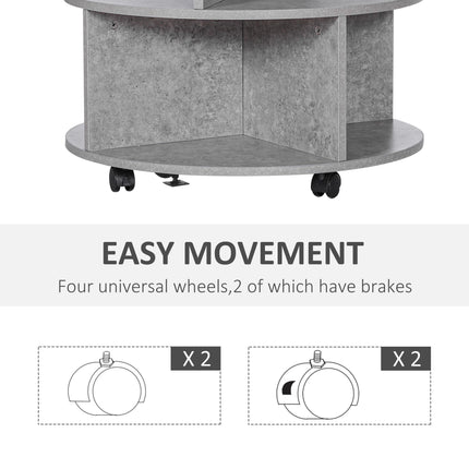 2 Tier Round Side End Table with Divided Shelves and Wheels - Cement
