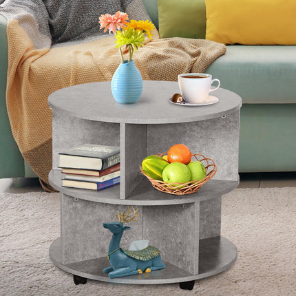 2 Tier Round Side End Table with Divided Shelves and Wheels - Cement