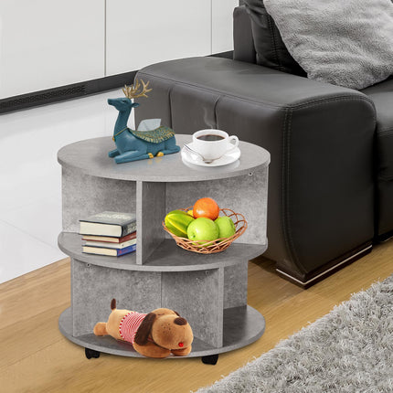 2 Tier Round Side End Table with Divided Shelves and Wheels - Cement