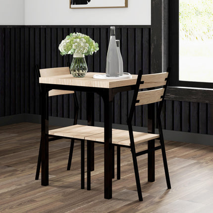 3 Piece Compact Dining Table and 2 Chairs Set with Metal Legs - Light Wood Grain & Black