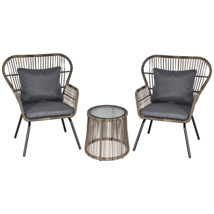 3 Pieces Rattan Bistro Set, Wicker Garden Furniture Set with Cushions, Glass Top