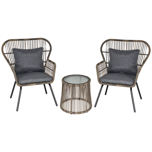 3 Pieces Rattan Bistro Set, Wicker Garden Furniture Set with Cushions, Glass Top