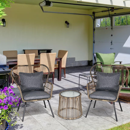3 Pieces Rattan Bistro Set, Wicker Garden Furniture Set with Cushions, Glass Top