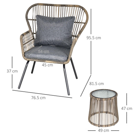 3 Pieces Rattan Bistro Set, Wicker Garden Furniture Set with Cushions, Glass Top