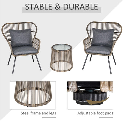 3 Pieces Rattan Bistro Set, Wicker Garden Furniture Set with Cushions, Glass Top