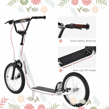 Teen Kids Adjustable Handlebar Stunt Kick Scooter with Dual Brakes 16 Inch Rubber Tyres - White