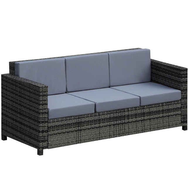 Garden Rattan 3-Seater Sofa with Fire Resistant Cushions Metal Frame - Grey