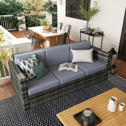 Garden Rattan 3-Seater Sofa with Fire Resistant Cushions Metal Frame - Grey