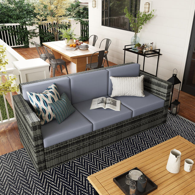 Garden Rattan 3-Seater Sofa with Fire Resistant Cushions Metal Frame - Grey