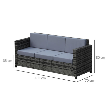 Garden Rattan 3-Seater Sofa with Fire Resistant Cushions Metal Frame - Grey