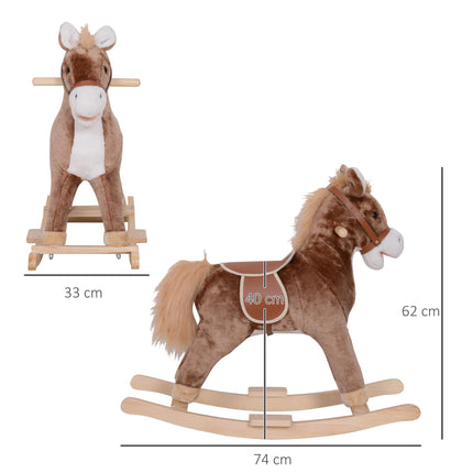 Kids Plush Rocking Horse with Wood Base and Handles - Brown/White