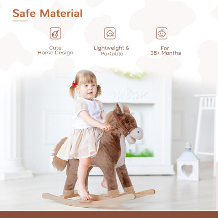 Kids Plush Rocking Horse with Wood Base and Handles - Brown/White