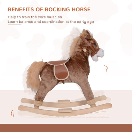 Kids Plush Rocking Horse with Wood Base and Handles - Brown/White