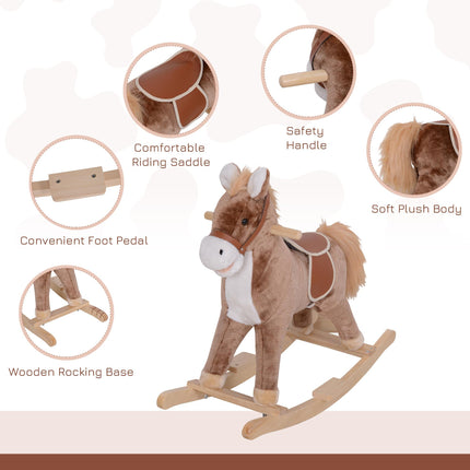 Kids Plush Rocking Horse with Wood Base and Handles - Brown/White