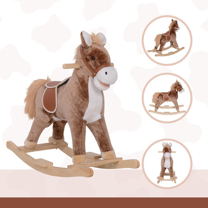 Kids Plush Rocking Horse with Wood Base and Handles - Brown/White