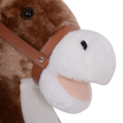 Kids Plush Rocking Horse with Wood Base and Handles - Brown/White
