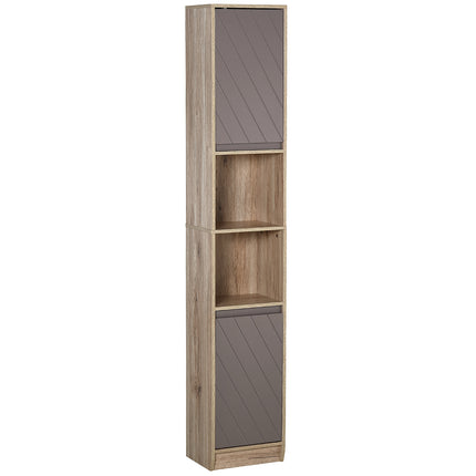 Tall Freestanding Bathroom Cabinet with 2 Cupboards & 2 Compartments, Anti-Tipping Elevated Base - Grey & Oak Brown