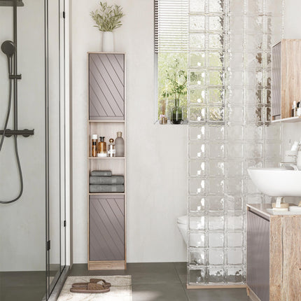 Tall Freestanding Bathroom Cabinet with 2 Cupboards & 2 Compartments, Anti-Tipping Elevated Base - Grey & Oak Brown