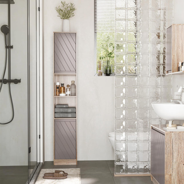 Tall Freestanding Bathroom Cabinet with 2 Cupboards & 2 Compartments, Anti-Tipping Elevated Base - Grey & Oak Brown