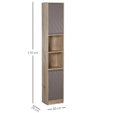 Tall Freestanding Bathroom Cabinet with 2 Cupboards & 2 Compartments, Anti-Tipping Elevated Base - Grey & Oak Brown
