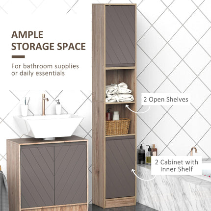 Tall Freestanding Bathroom Cabinet with 2 Cupboards & 2 Compartments, Anti-Tipping Elevated Base - Grey & Oak Brown