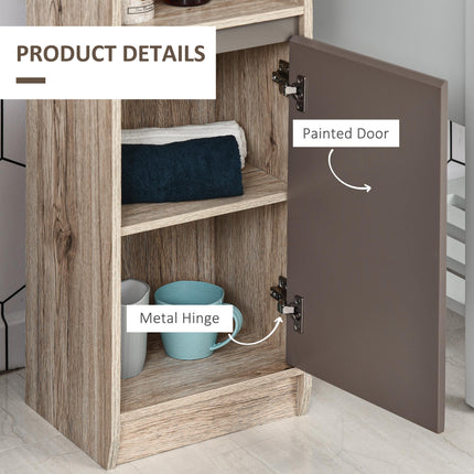 Tall Freestanding Bathroom Cabinet with 2 Cupboards & 2 Compartments, Anti-Tipping Elevated Base - Grey & Oak Brown
