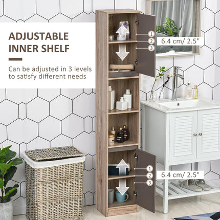 Tall Freestanding Bathroom Cabinet with 2 Cupboards & 2 Compartments, Anti-Tipping Elevated Base - Grey & Oak Brown