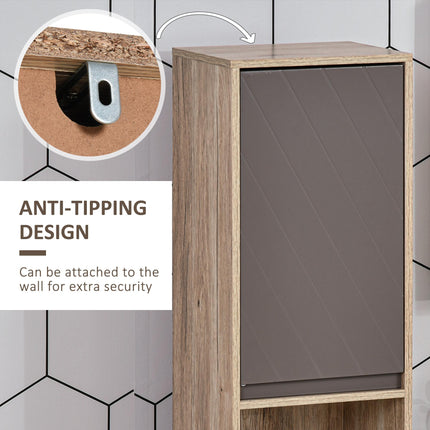 Tall Freestanding Bathroom Cabinet with 2 Cupboards & 2 Compartments, Anti-Tipping Elevated Base - Grey & Oak Brown
