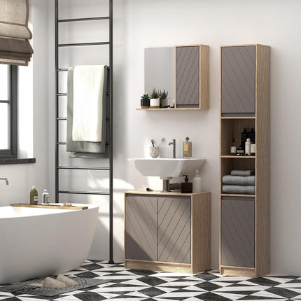 Tall Freestanding Bathroom Cabinet with 2 Cupboards & 2 Compartments, Anti-Tipping Elevated Base - Grey & Oak Brown