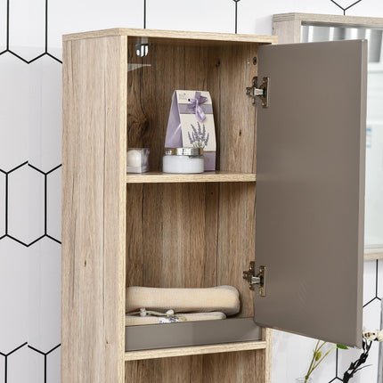 Tall Freestanding Bathroom Cabinet with 2 Cupboards & 2 Compartments, Anti-Tipping Elevated Base - Grey & Oak Brown