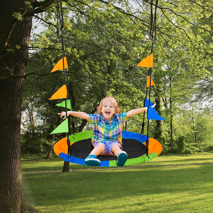 Kids Saucer Tree Swing Set with Adjustable Rope and Steel Frame - Blue Green Orange