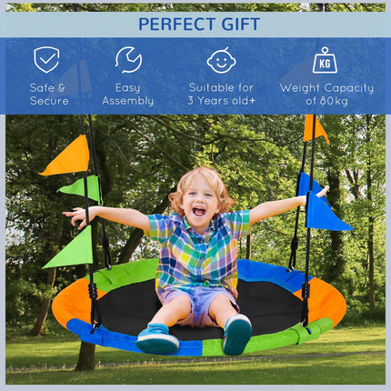 Kids Saucer Tree Swing Set with Adjustable Rope and Steel Frame - Blue Green Orange