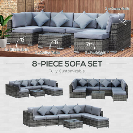 8 Piece Rattan Garden Sofa Set with Aluminium Frame and Coffee Table - Grey
