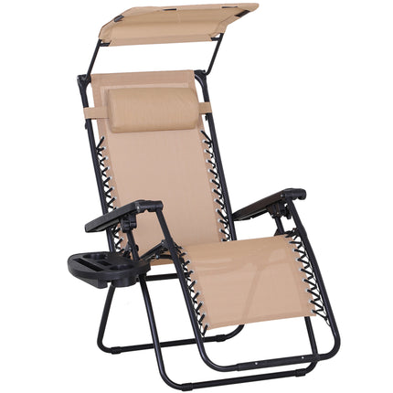 Zero Gravity Folding Garden Sun Lounger with Canopy and Cup Holder - Beige
