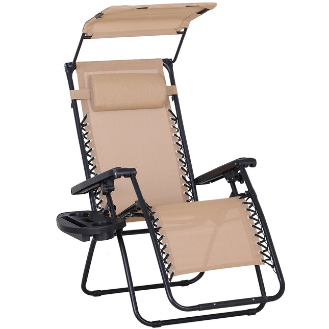 Zero Gravity Folding Garden Sun Lounger with Canopy and Cup Holder - Beige
