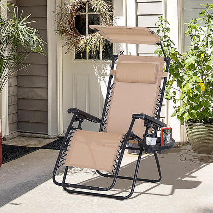 Zero Gravity Folding Garden Sun Lounger with Canopy and Cup Holder - Beige