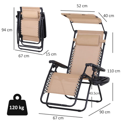 Zero Gravity Folding Garden Sun Lounger with Canopy and Cup Holder - Beige