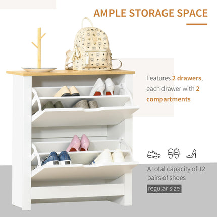 12-Shoe Storage Cabinet with 4 Shelves & 2 Drawers, Protective Legs - White