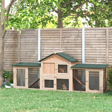 Deluxe Two-Storey Wooden Bunny & Guinea Pig Hutch with Ladder, Outdoor Run & Slide-Out Tray - Natural Wood