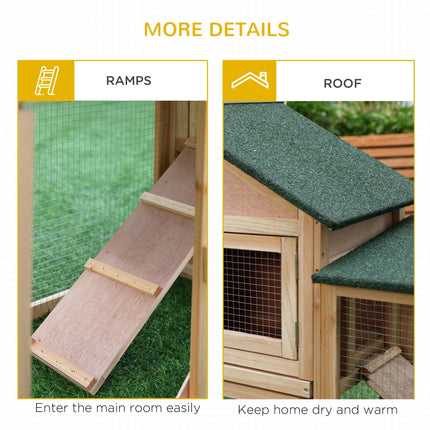 Deluxe Two-Storey Wooden Bunny & Guinea Pig Hutch with Ladder, Outdoor Run & Slide-Out Tray - Natural Wood