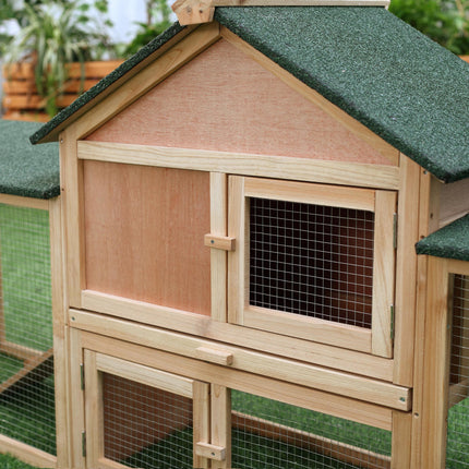 Deluxe Two-Storey Wooden Bunny & Guinea Pig Hutch with Ladder, Outdoor Run & Slide-Out Tray - Natural Wood