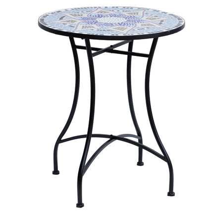 Outdoor Mosaic Round Garden Table 60cm Ceramic Top Bistro Side Table - Blue and White