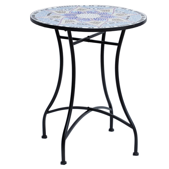 Outdoor Mosaic Round Garden Table 60cm Ceramic Top Bistro Side Table - Blue and White