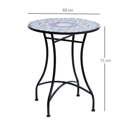 Outdoor Mosaic Round Garden Table 60cm Ceramic Top Bistro Side Table - Blue and White