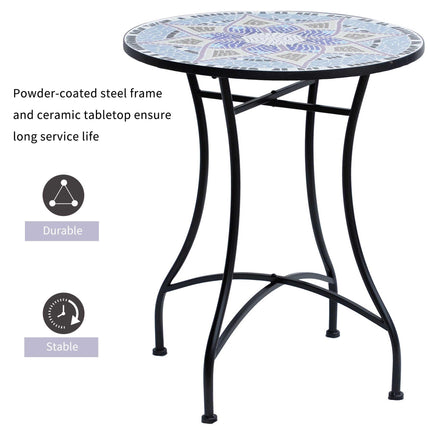 Outdoor Mosaic Round Garden Table 60cm Ceramic Top Bistro Side Table - Blue and White