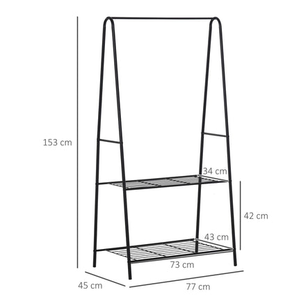 Metal Clothes Rack with 2-Tier Shoe Shelves A-Frame 77x45x153cm - Black